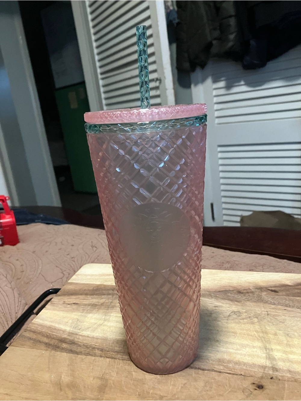 NWT Starbucks Pearl Pink Jeweled Iridescent Tumbler with Green Rim